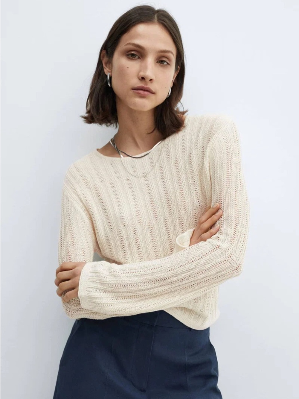 Mango Cream Open-Knit Crewneck Sweater